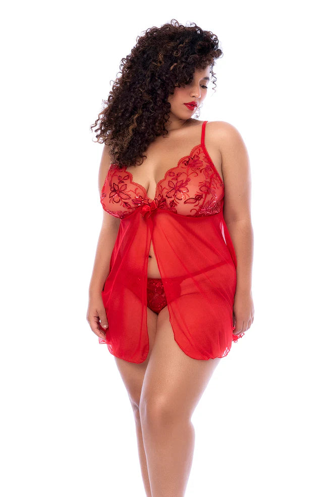 Red Sequin & Mesh Babydoll